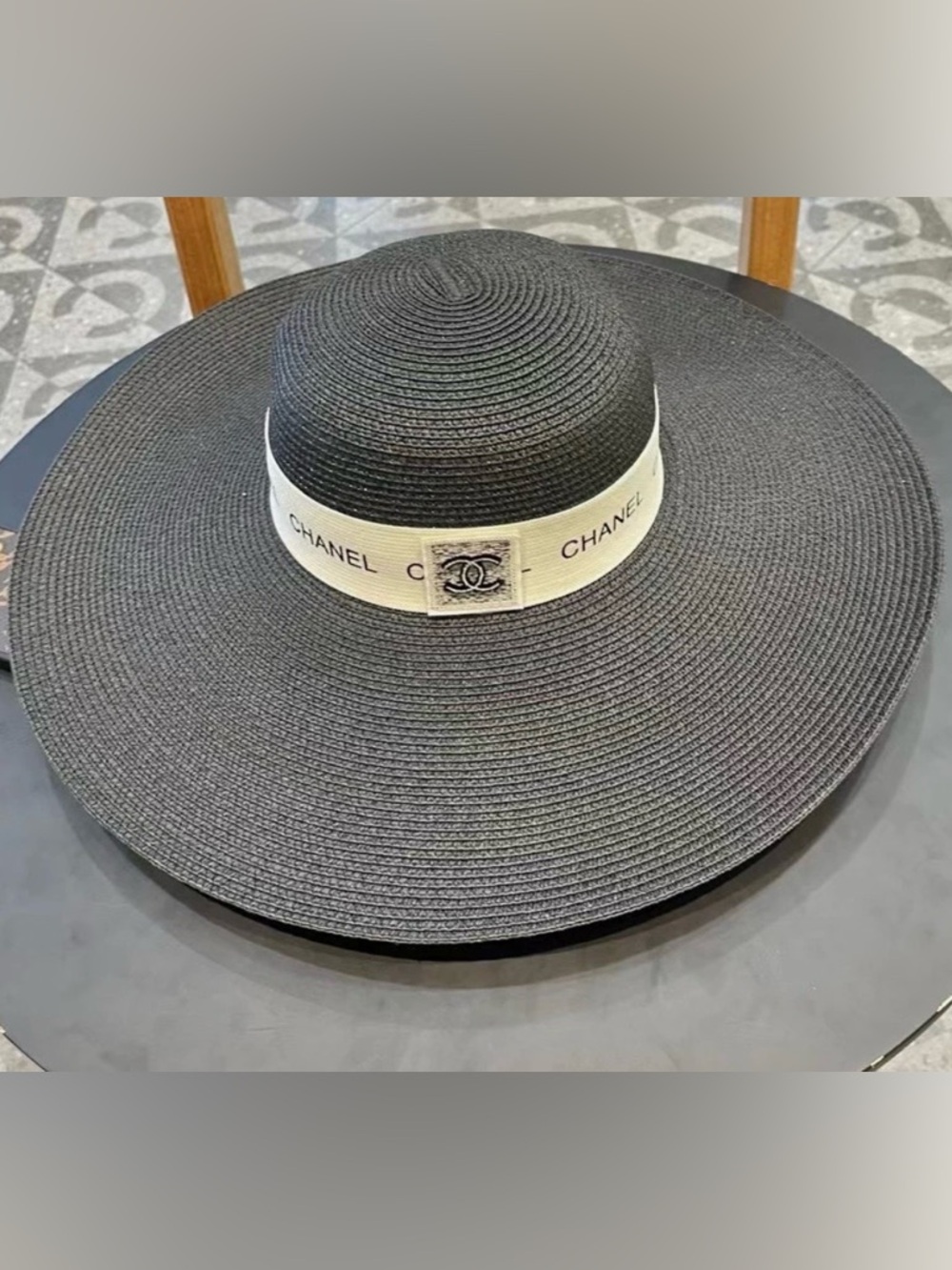 CHANEL Black Wide-Brim Straw Hat with Cream Logo Band